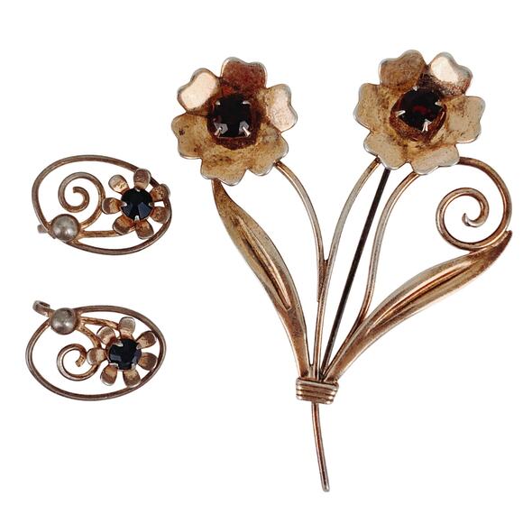 VTG Signed Jaykel Sterling Silver Floral Brooch & Earrings Set, 1940s 1950s MCM - Picture 2 of 16